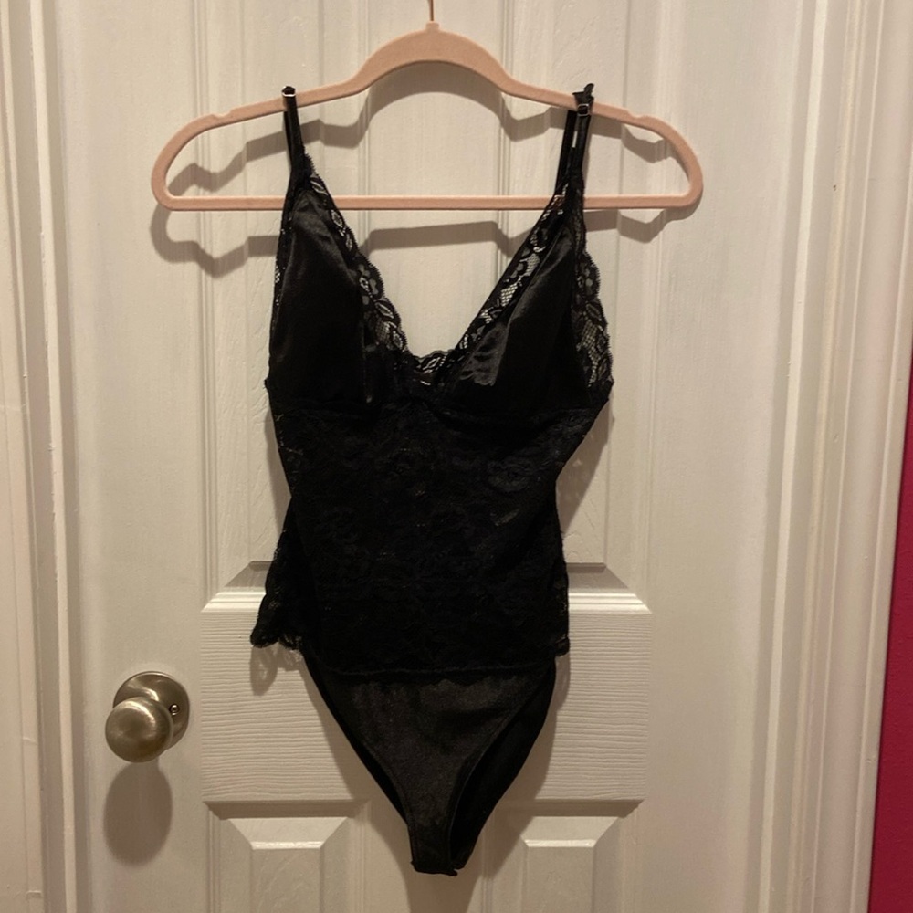 Charlotte Russe Black Lace Satin Bodysuit